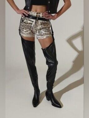 Thigh High Block Heel Vegan Leather Boots With Adjustable Belt Chaps Size 7